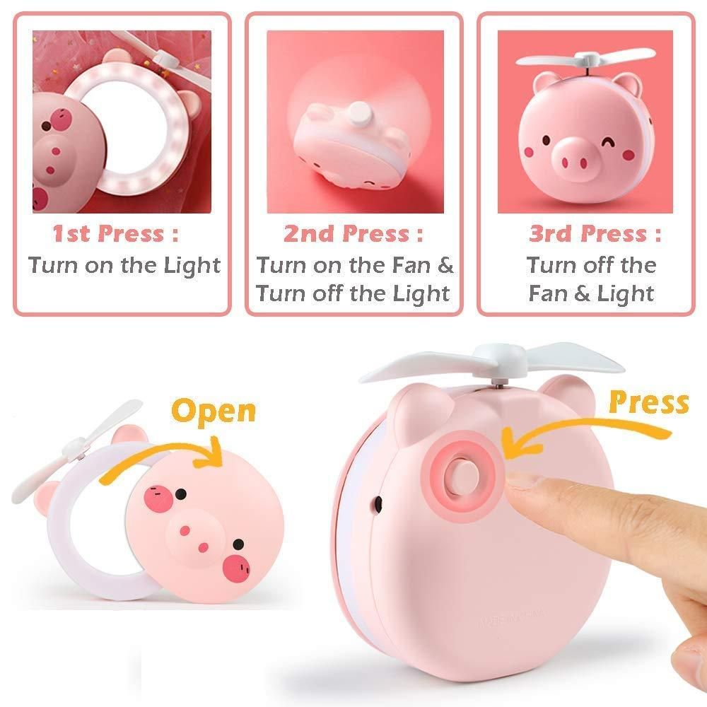 Cartoon Pig LED Mirror Pocket Fan